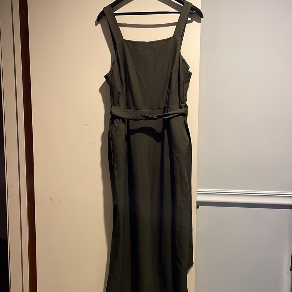 Olive green wide leg belted jumpsuit